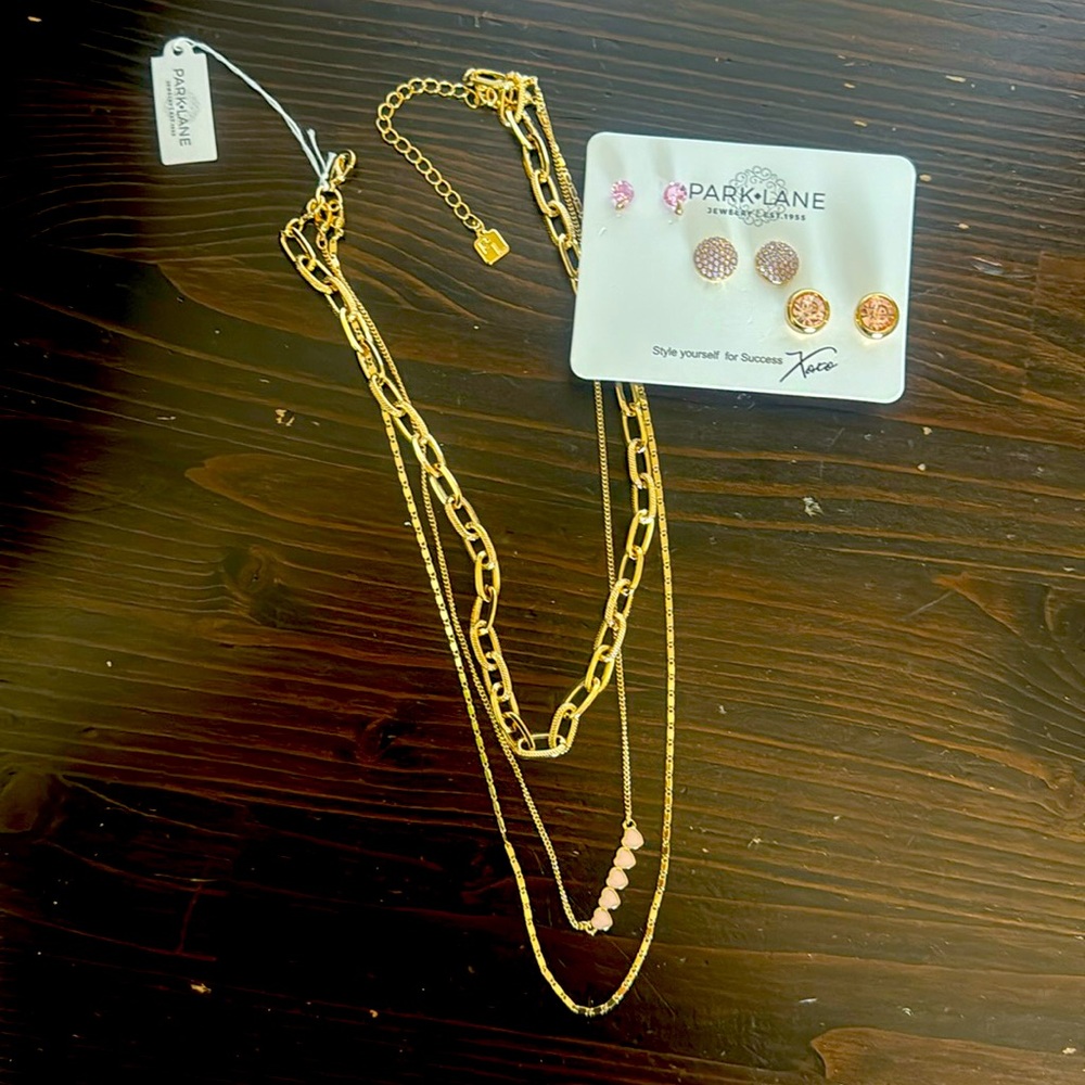 3 earring and 3 layer necklace set. Gold and pink.